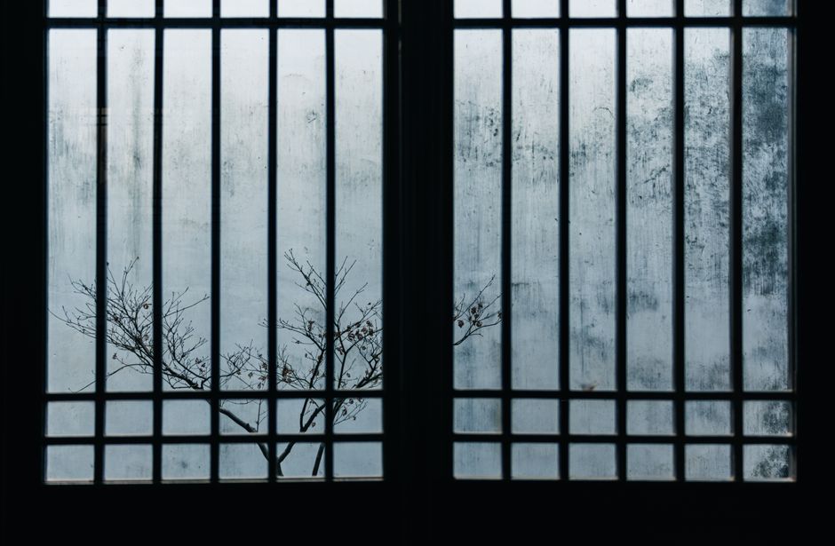 View of winter snow through a highly insulated vinyl window frame